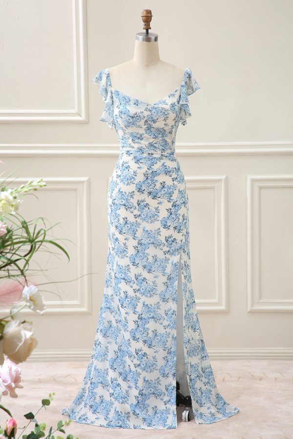 Sheath White Blue Flower Mermaid Maxi Dress with Slit