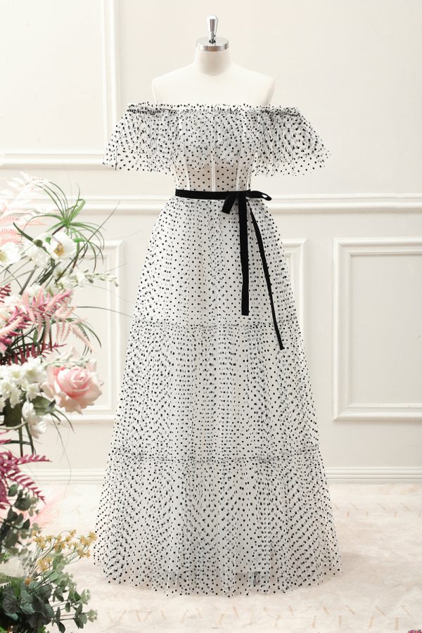 White Black Dot Corset Off the Shoulder A Line Maxi Dress