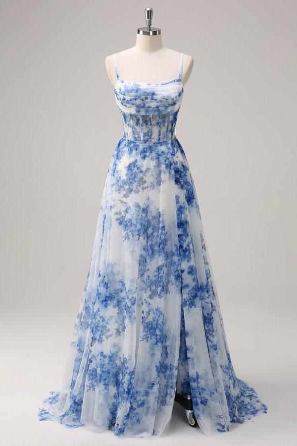 White Blue Flower A Line Corset Prom Dress with Slit