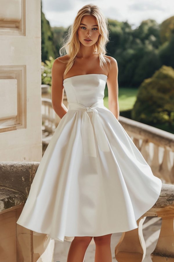 White A-Line Satin Strapless Mini Dress with Bowknot