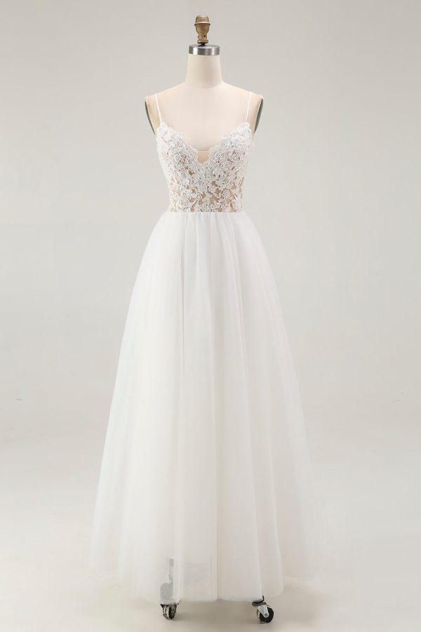 White A Line Spaghetti Straps Lace Engagement Dress