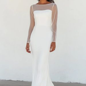 White Boat Neck Chiffon Long Sleeve Wedding Dress