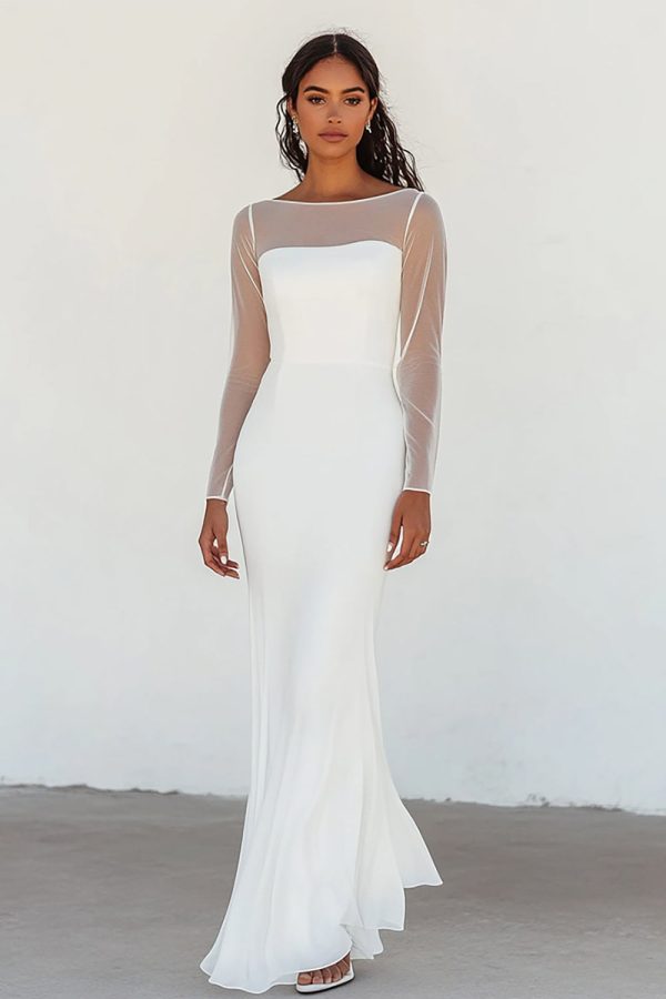 White Boat Neck Chiffon Long Sleeve Wedding Dress