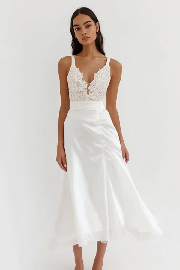 White Lace Satin A Line Midi Graduation Dress