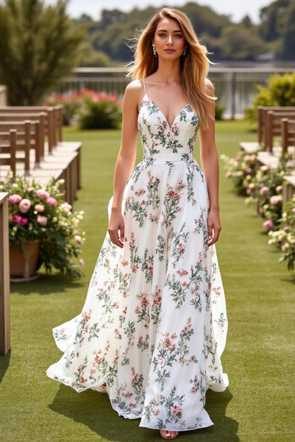 White Floral A Line Spaghetti Straps Wedding Dress