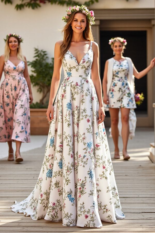 White Floral Spaghetti Straps A Line Wedding Dress