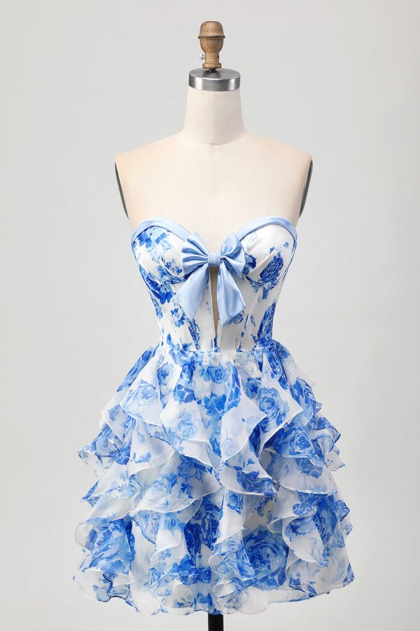 White Blue Floral A-Line Ruffled Strapless Homecoming Dress with Bow