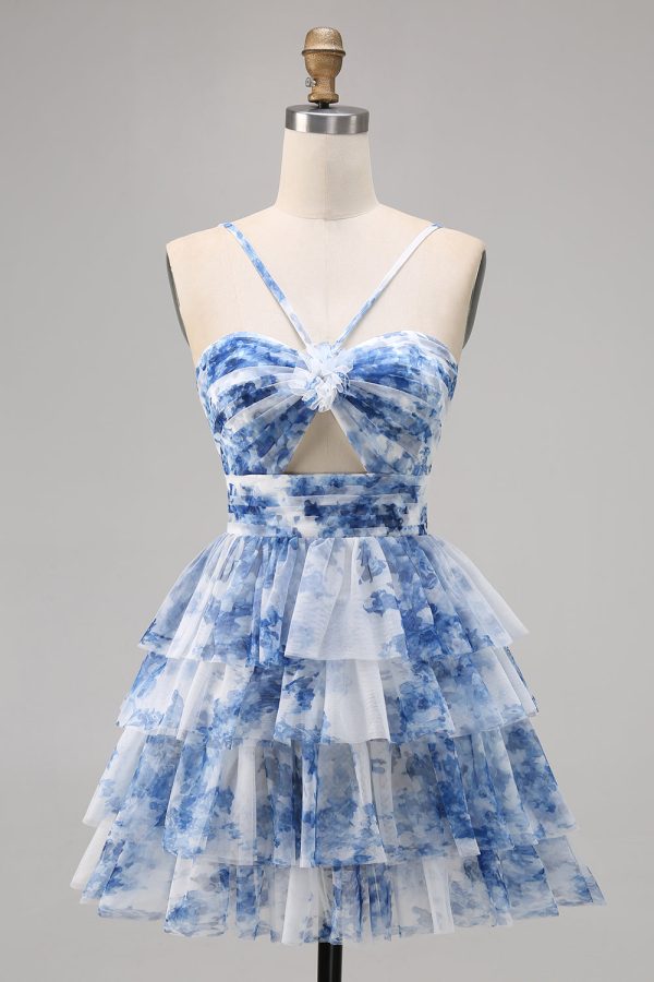 White Blue Flower A-Line Tiered Cut Out Short Homecoming Dress