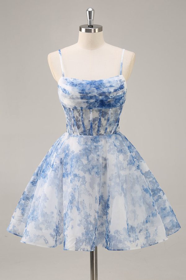 White Blue Flower A Line Corset Homecoming Dress