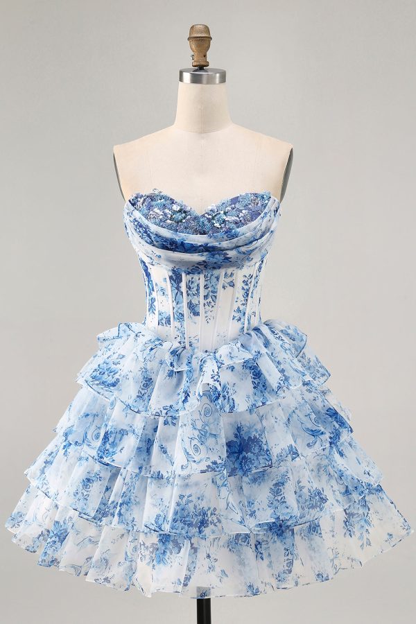 White Blue Flower Printed A-Line Strapless Homecoming Dress with Sequins