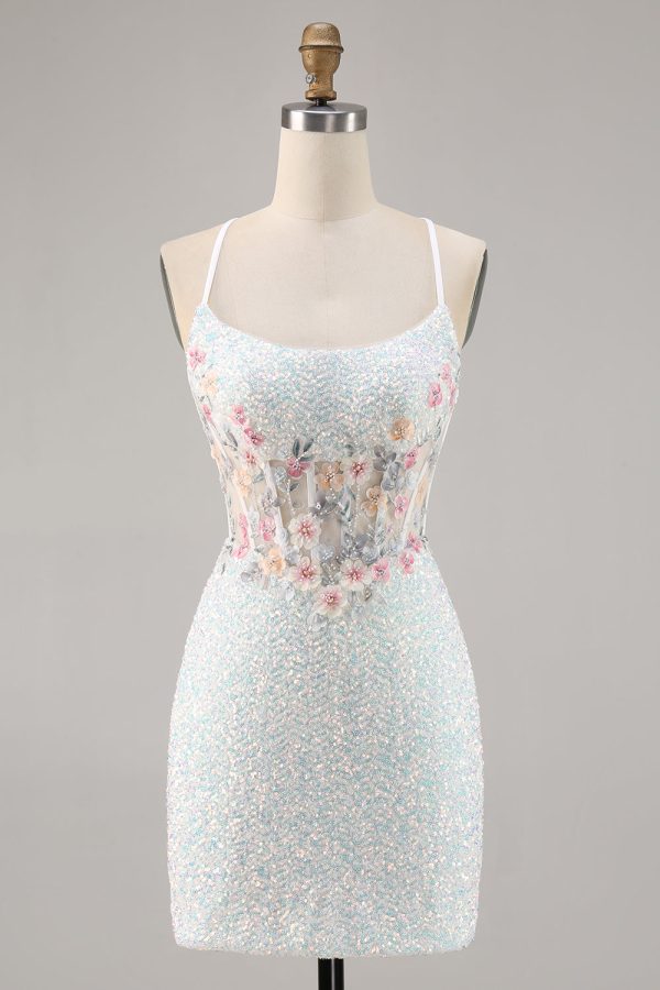 White Appliqued Corset Homecoming Dress with Sequins