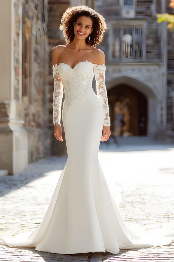 White Long Sleeve Mermaid Wedding Dress with Lace