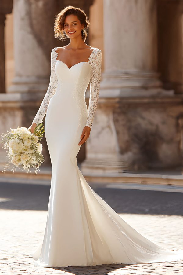 White Mermaid Long Sleeve Wedding Dress With Lace