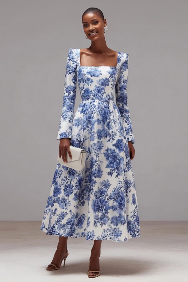 White and Blue Flower A-Line Square Neck Semi-Formal Dress