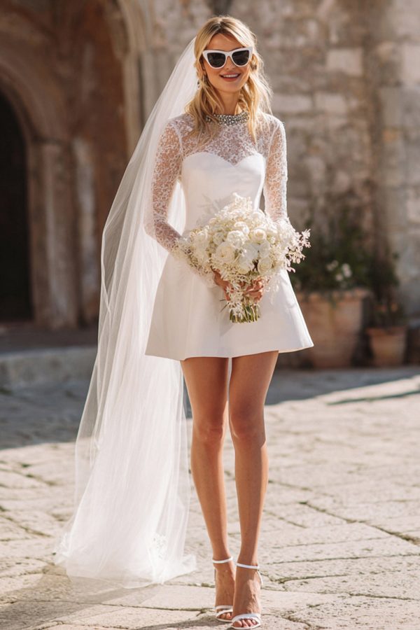 White Lace A-Line Courthouse Wedding Dress With Long Sleeves
