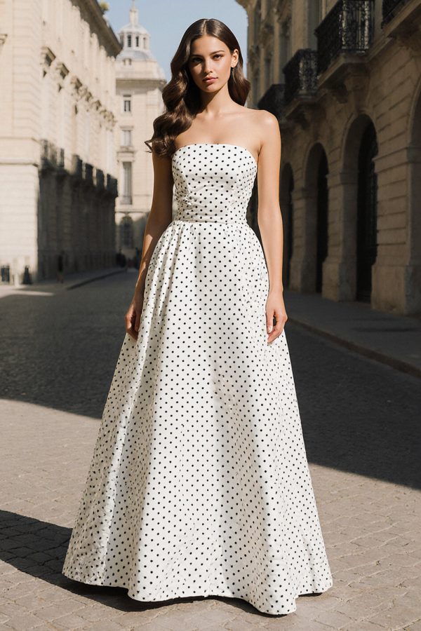White Black Polka Dot Strapless A Line Prom Dress