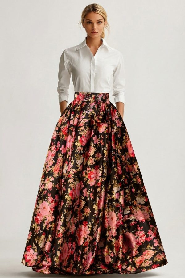 White and Black Pink Floral A Line Maxi Wedding Guest Dress