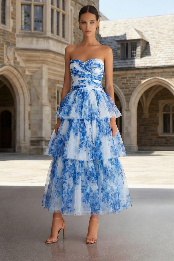 White Blue Floral Strapless Tiered Wedding Guest Dress