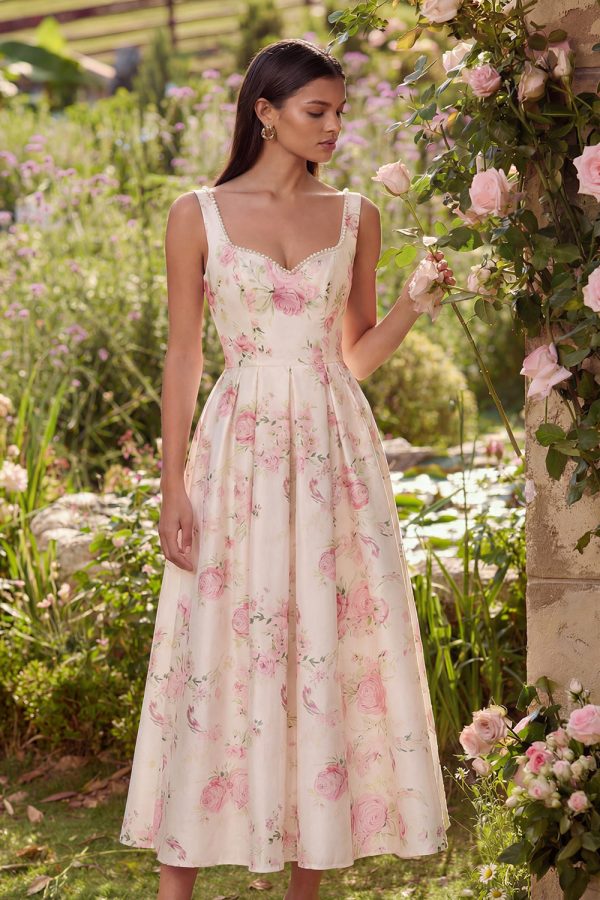 White Floral A Line Bowed Wedding Guest Dress