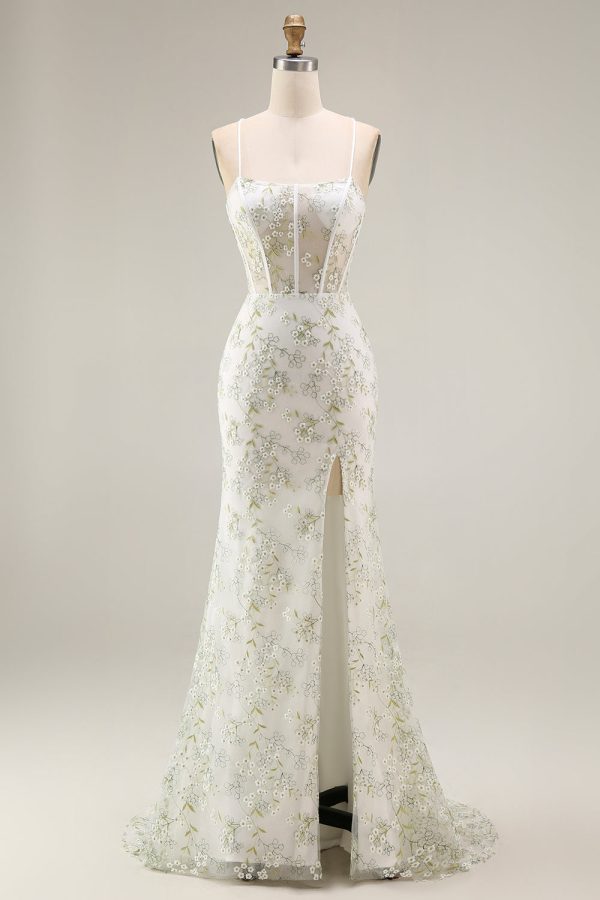 White Floral Mermaid Appliqued Corset Prom Dress