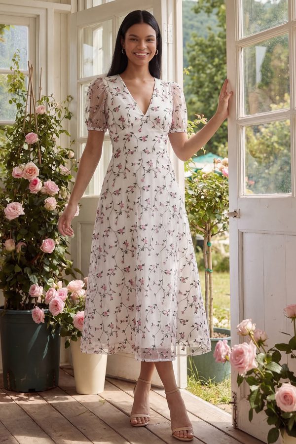 White Floral A Line Short Sleeve Wedding Guest Dress