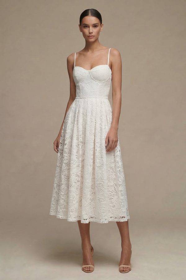 White Lace A Line Pleated Midi Engagement Dress