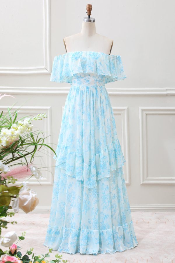 White Blue Floral Off The Shoulder Boho Maxi Dress with Ruffles