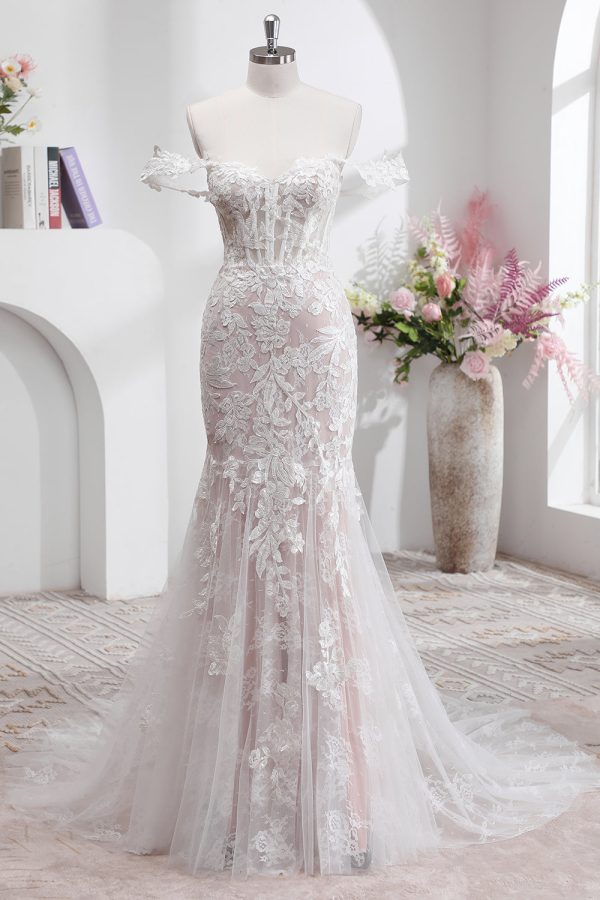 White Mermaid Off the Shoulder Sweep Train Wedding Dress with Applique Lace
