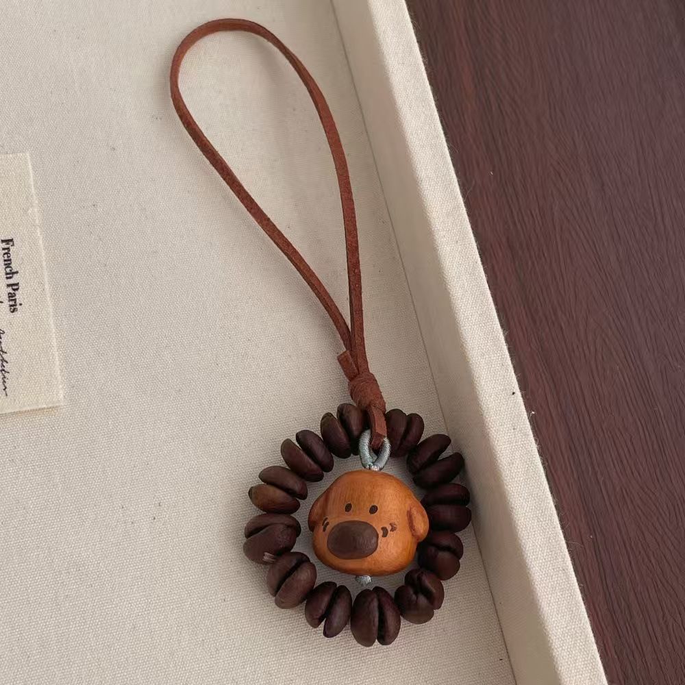 Handmade Coffee Bean Puppy Bag Pendant, Wooden Dog Keychain with Leather Strap
