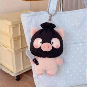 Funny Masked Pig Plush Bag Charm, Cute Piggy Keychain with Mini Knife Prop