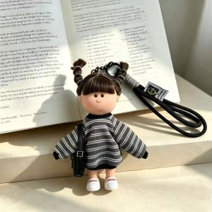 Cute Pigtail Girl Doll Bag Charm, Striped Outfit Figure Keychain