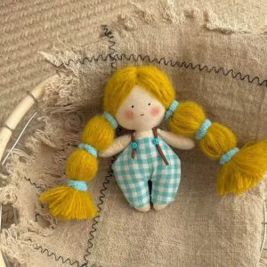 Handmade Fabric Girl Doll Bag Charm, Yellow Braid Rag Doll Pendant